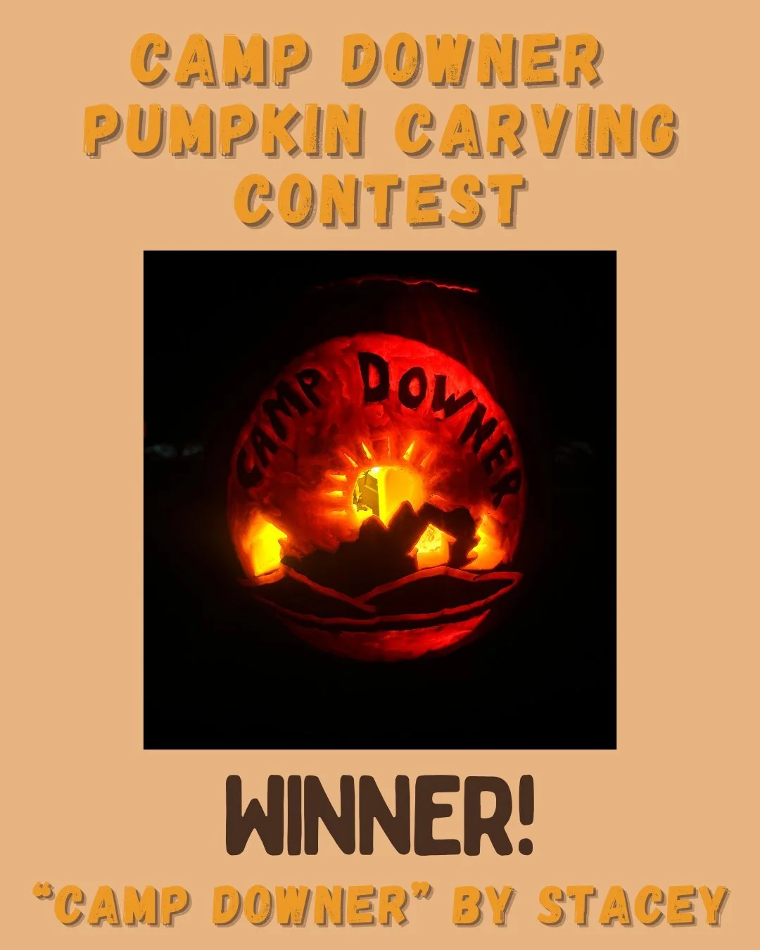 Congratulations to our Pumpkin Carving Contest winner! 🎉🎃

Give it up for Pumpkin #2, created by Stacey, whose Camp Downer&ndash;themed masterpiece stole the show! 

Thank you to everyone who submitted pumpkins and voted! Your creativity and Downer