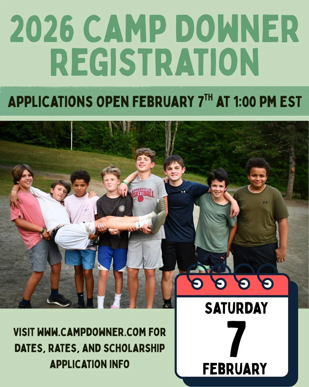 🚨GOOD NEWS!🚨

Mark your calendars, set your alarms, it&rsquo;s official! Registration applications open February 7th at 1:00 pm EST.

Send this post to the person who needs to see it!

New families - head to campdowner.com and press the &ldquo;Logi