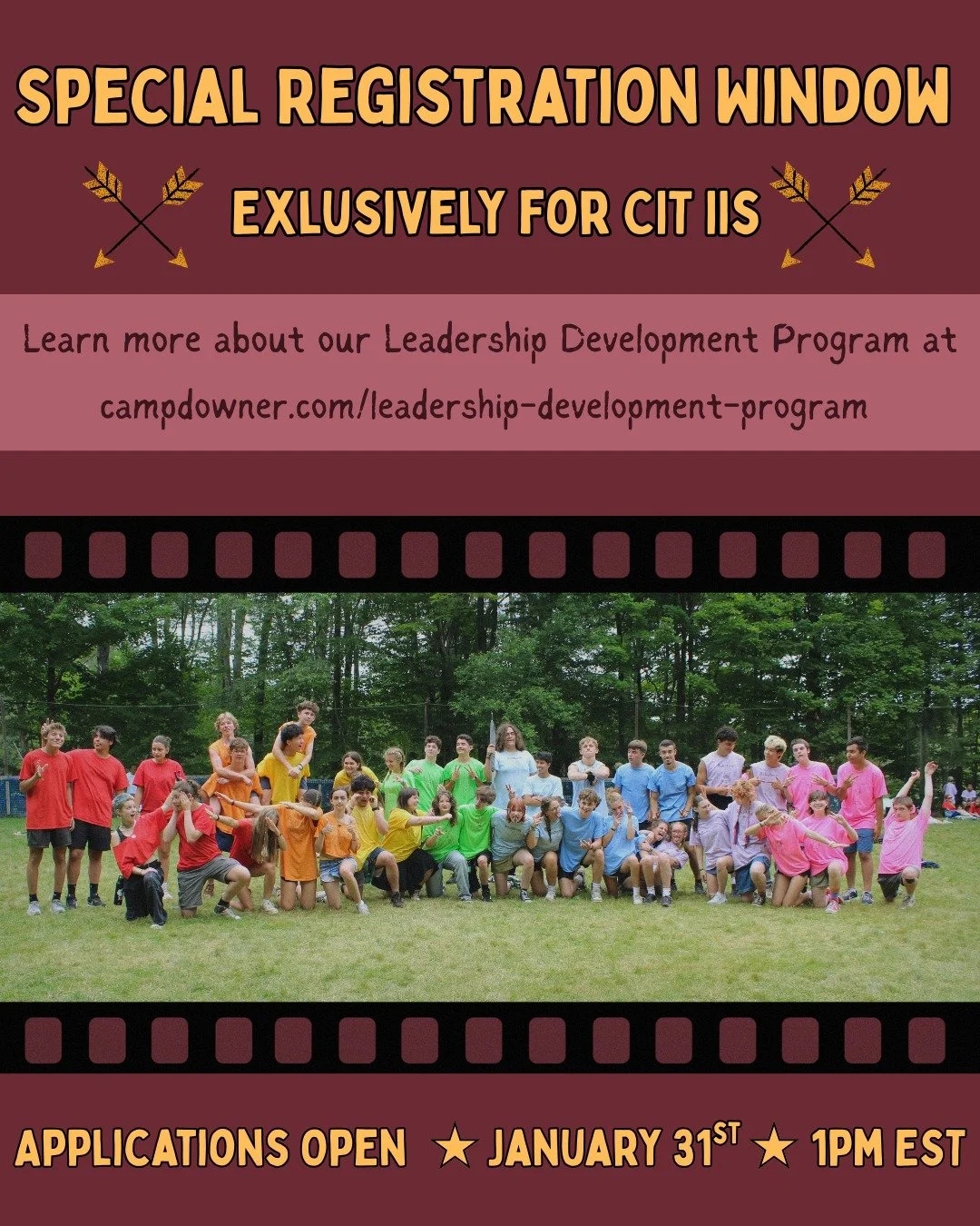 An exclusive opportunity to secure your spot early for young leaders, a special CIT II registration period will open on January 31st at 1 pm EST. 

The legendary CIT II program is for campers aged 15 or 16, and takes place ONLY during Session 3, the 