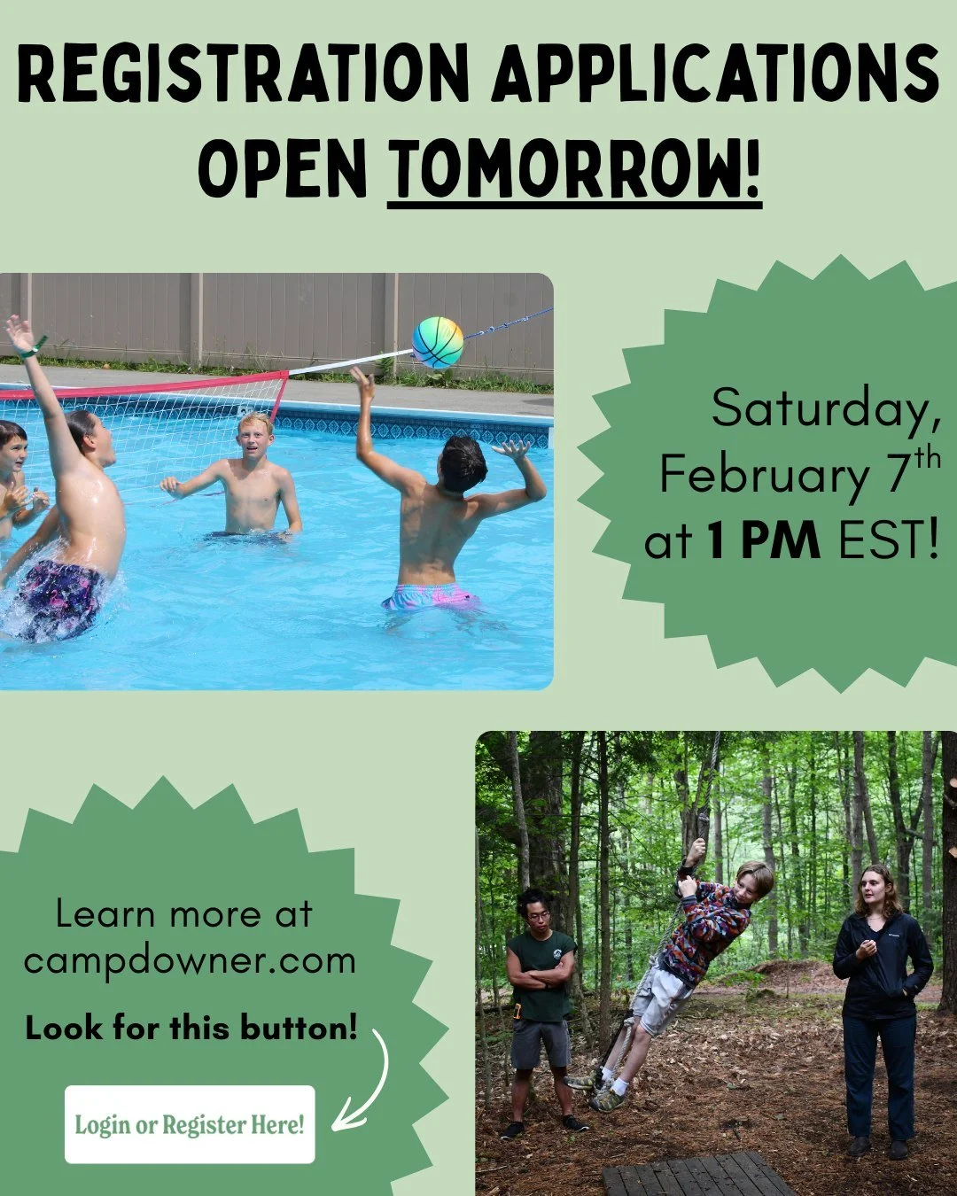 Registration is TOMORROW, Saturday February. 7th at 1:00 pm!

Please visit our website to learn more about our 2026 summer calendar and tiered rates pricing! Please reach out to our registrar at registrar@campdowner.com with any questions. 

#summerc