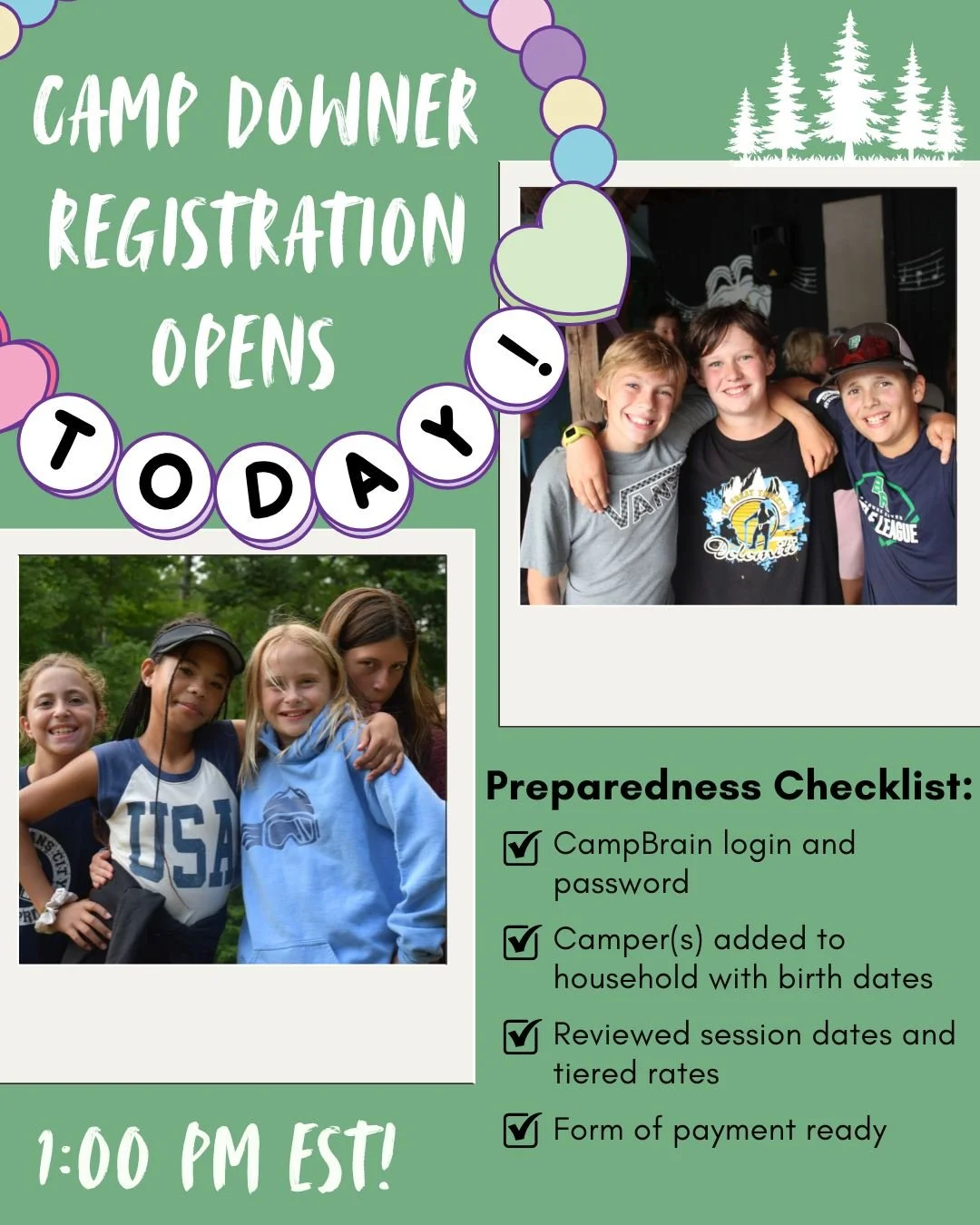 1:00 pm EST today, Camp Downer Registration opens on campdowner.campbrainregistration.com

Follow the Preparedness Checklist so that when it's your turn in line, you're ready to add sessions to your cart!

Swipe to see more tips for online registrati