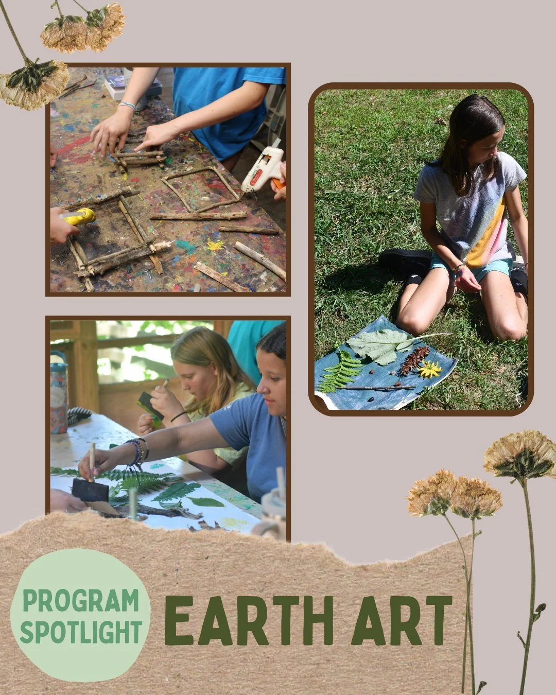 🏕️ Camp Downer Program Spotlight: Earth Art 🌿
Get creative with nature! In Earth Art, campers hike through the woods to gather natural materials and turn them into one-of-a-kind creations, from fairy houses to personalized hiking sticks. 🍃✨

What 
