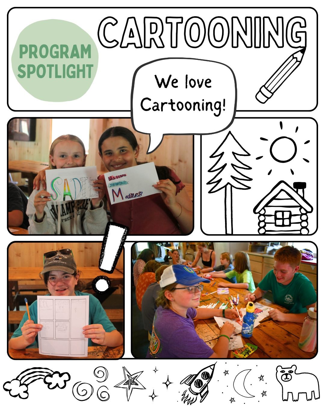 🏕️ Camp Downer Program Spotlight: Cartooning ✏️

Whether campers are creating their own original cartoon character, playing drawing games like Picture Telephone and Exquisite Corpse, or simply doodling for fun, Cartooning is all about imagination an