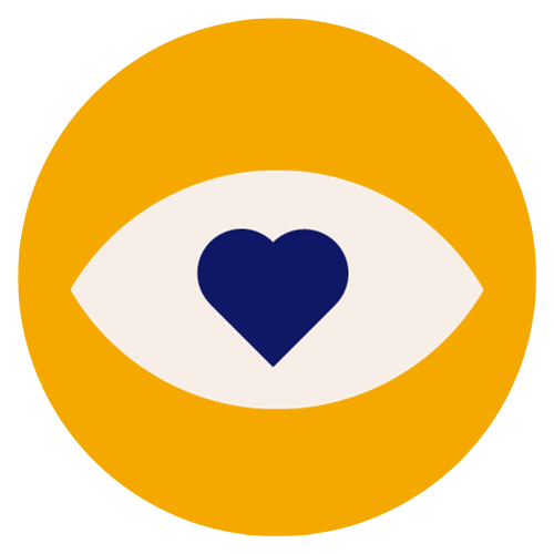 An eye symbol with a blue heart inside the pupil, set against an orange circular background.