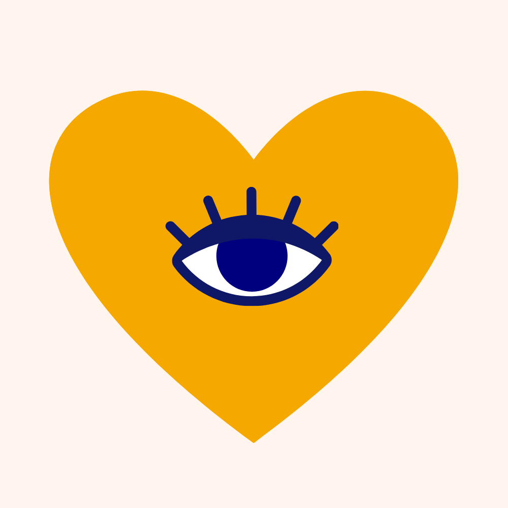 An eye symbol with a blue heart inside the pupil, set against an orange circular background.
