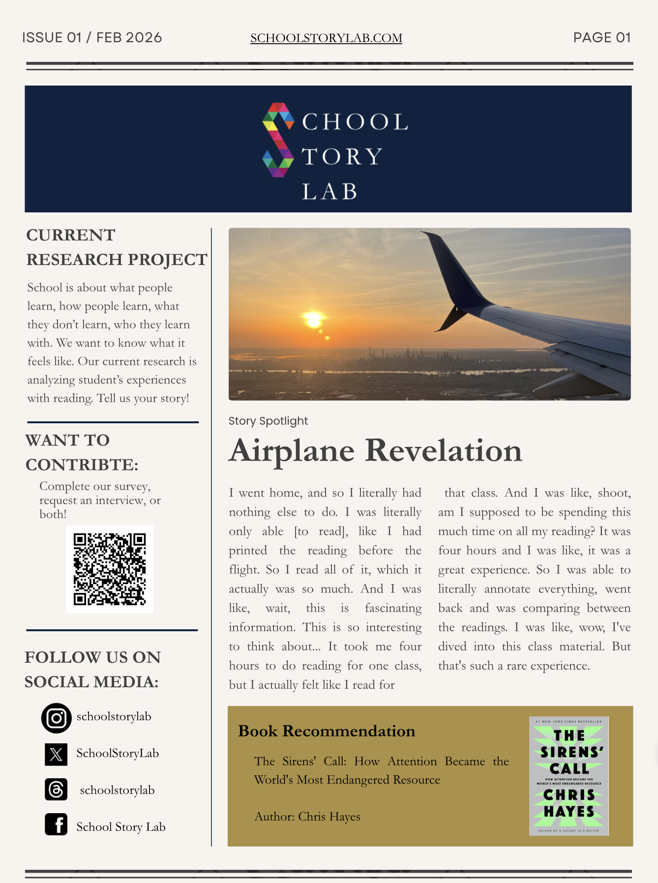 A school newsletter titled 'School Story Lab' with a logo, a photo of an airplane wing at sunset, and sections discussing a research project about reading experiences, social media links, and a book recommendation about attention and resources.