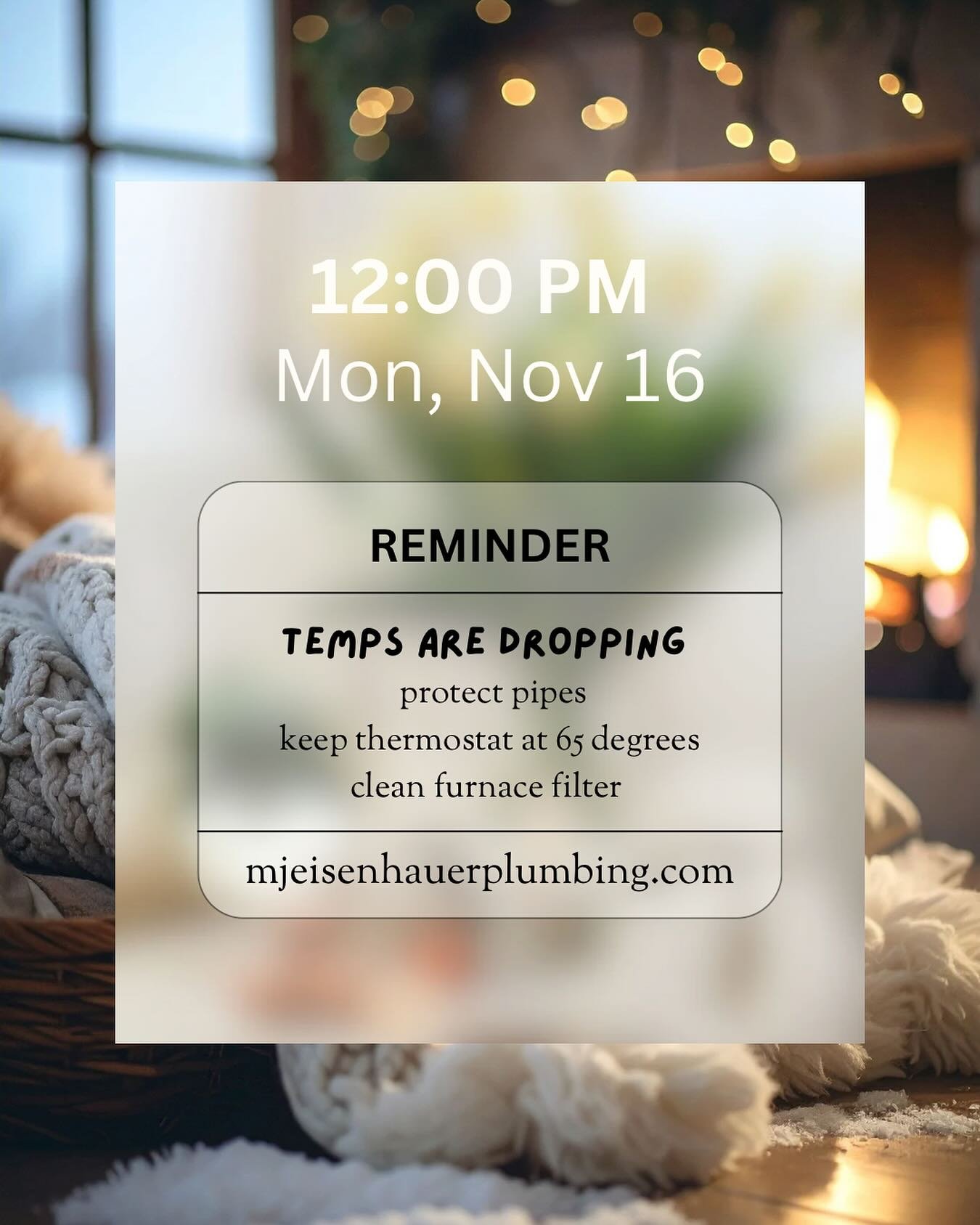 📢📢 REMINDER 📢📢 the temperatures are dropping + and it is getting very chilllyyyyy 🥶 outside, especially overnight. Don&rsquo;t forget about your pipes, your inside temps + furnace filters! 🏡🌡️🔥

we are here to help prepare your home for winte