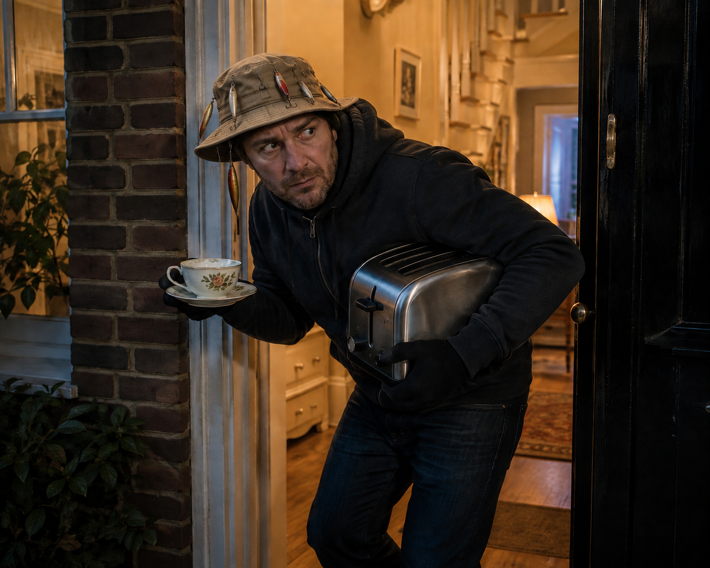 A man in a fishing hat creeps out of a suburban front door at night, a chrome toaster tucked under one arm and a floral china teacup and saucer balanced in the other hand.