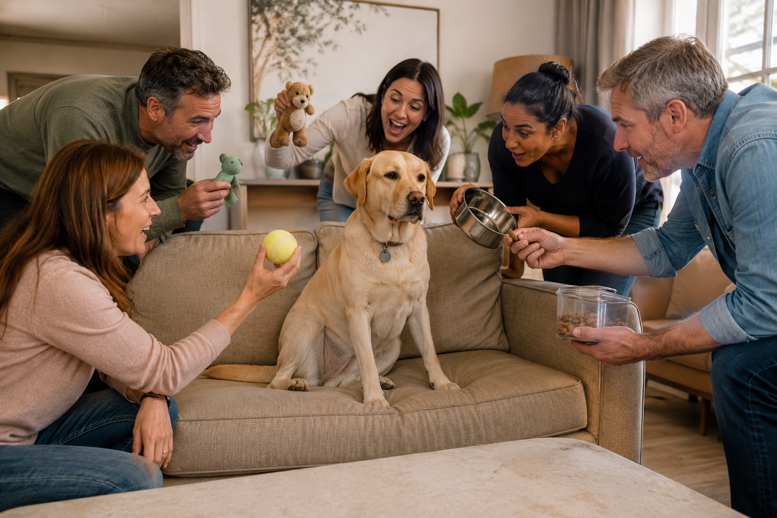 Five smiling adults lean over a sofa offering a calm golden Labrador a tennis ball, a toy, a food bowl and a tub of treats.