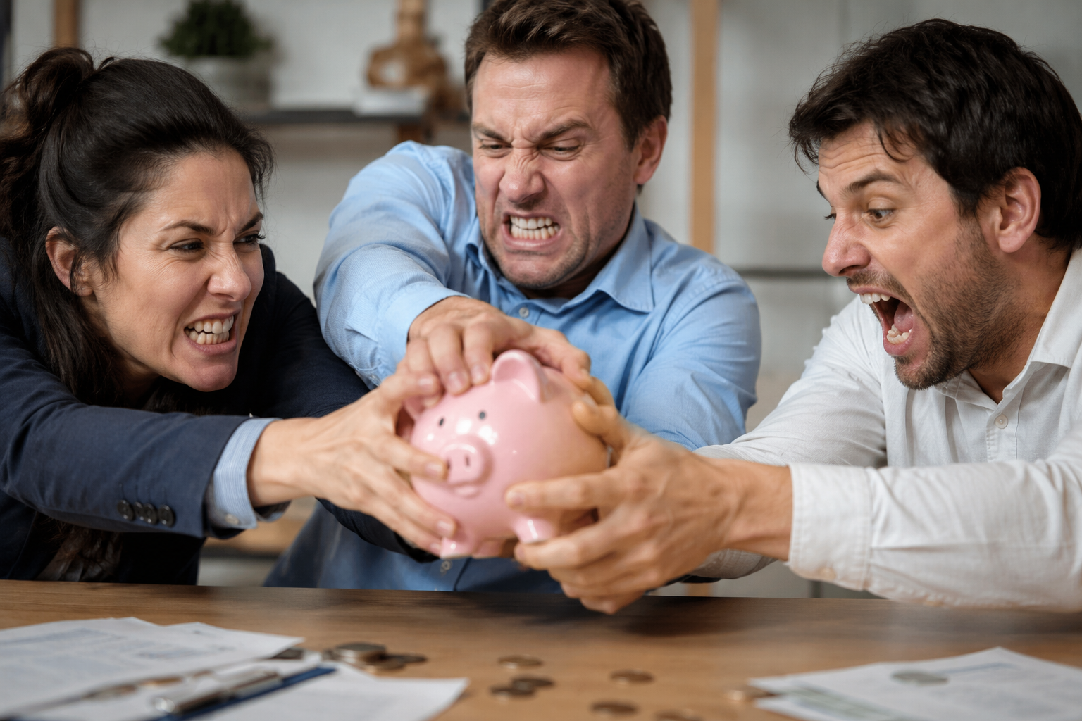 Two men and a woman in office clothes snatch at the same pink piggy bank across a table scattered with coins and paperwork, all three furious.
