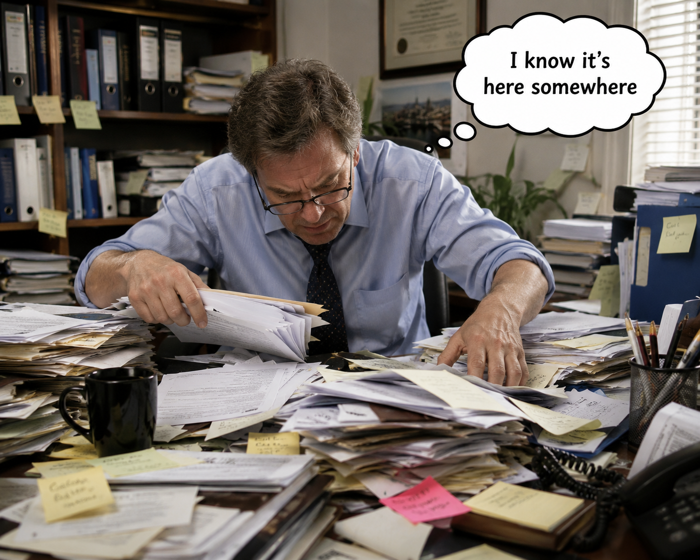 A man in shirt and tie leans over a desk buried under drifts of loose paper and sticky notes, sifting through a bundle of documents. A thought bubble reads "I know it's here somewhere".