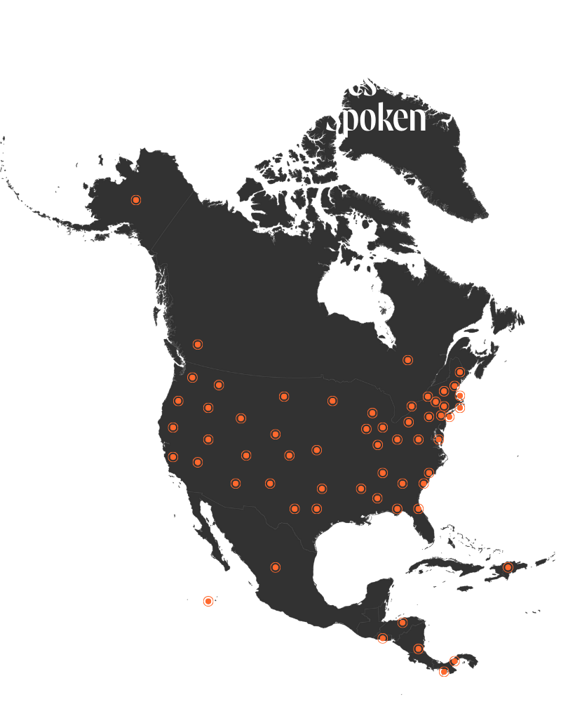 Map of North America showing locations where Gabriela has spoken, with orange circles marking various cities across the United States, including mentions of places like New York and California, overlaid with the text 'A Selection of Places Where Gabriela Has Spoken' at the top.