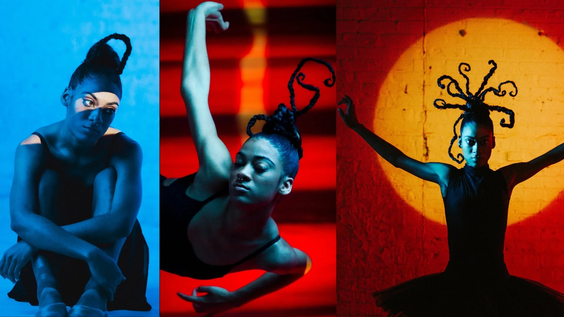 A triptych of a woman with dreadlocks styled into spiral shapes, performing dance poses against colorful backgrounds. The left panel shows her sitting with a blue background, the middle panel has her lying with a red and orange background, and the right panel captures her standing with arms extended against a textured yellow wall and orange circle.