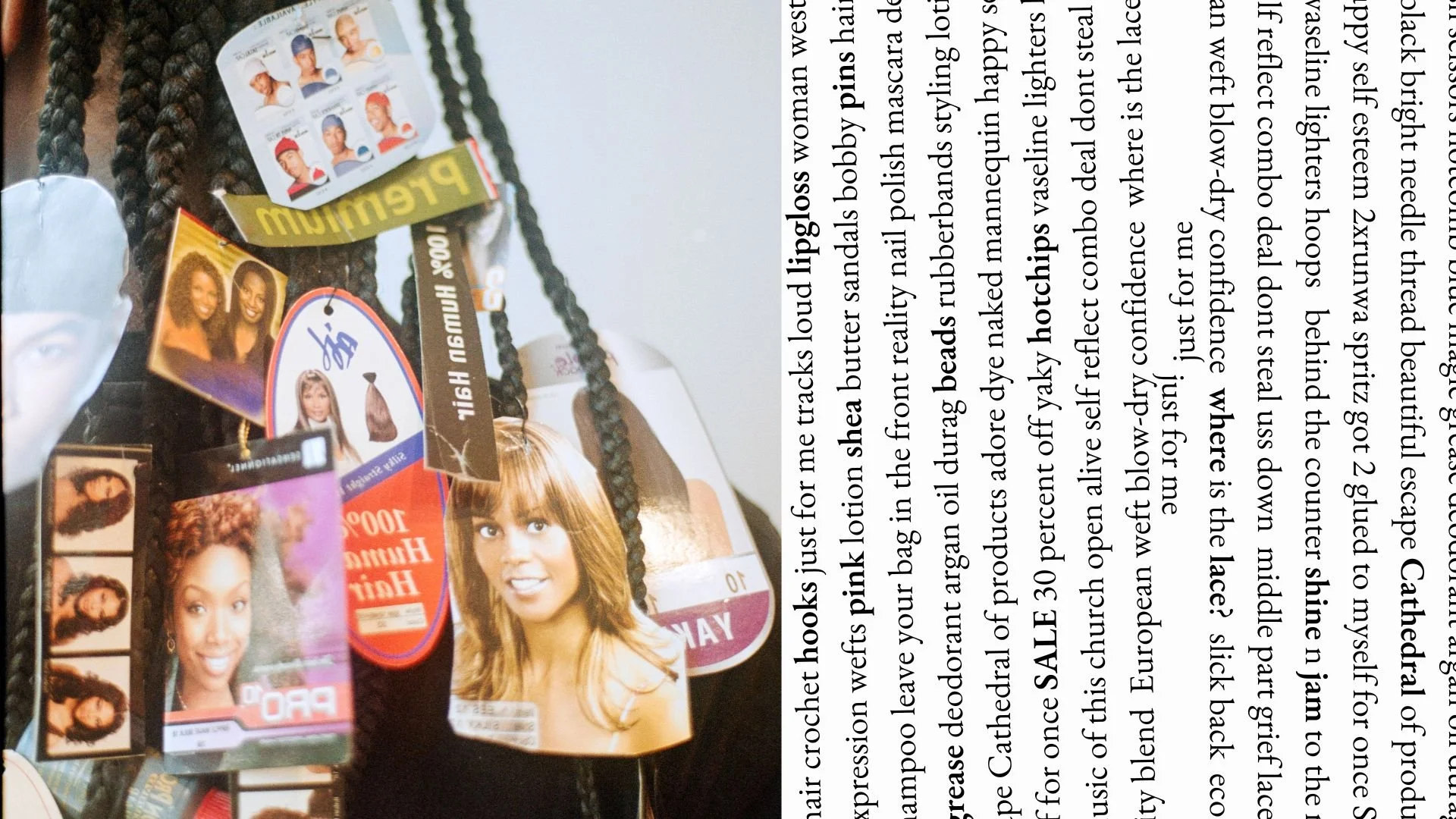 A collection of celebrity photos and merchandise, including images of women with styled hair, fashion cards, and hair product advertisements, arranged on a display board.