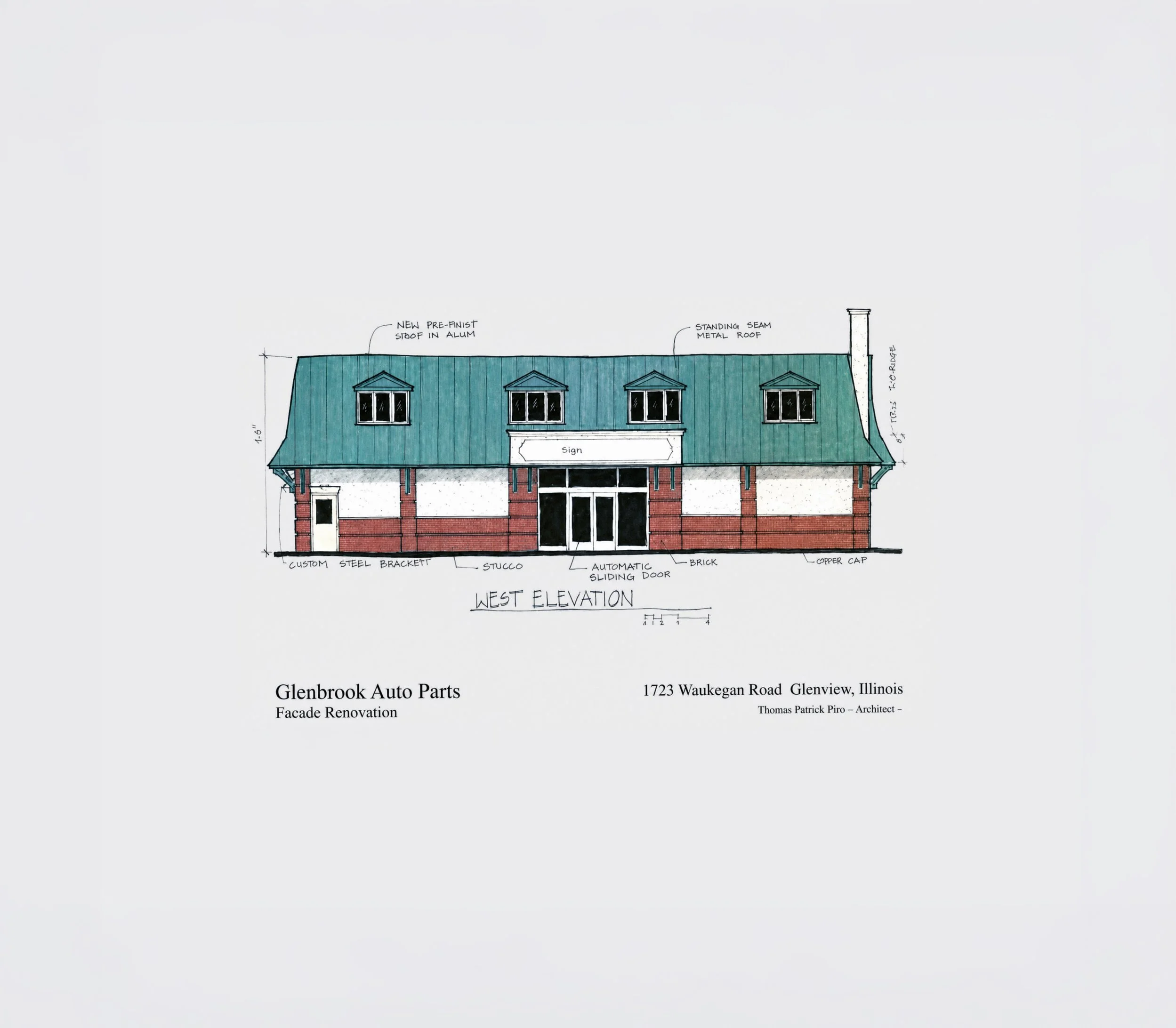 West elevation drawing for the Glenbrook Auto Parts façade renovation, showing a teal metal roof, dormer windows, brick, stucco, and storefront entrance.