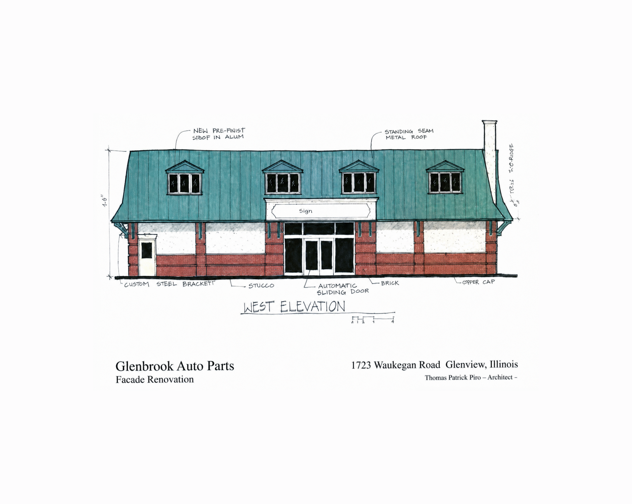 West elevation drawing for the Glenbrook Auto Parts façade renovation, showing a teal metal roof, dormer windows, brick, stucco, and storefront entrance.
