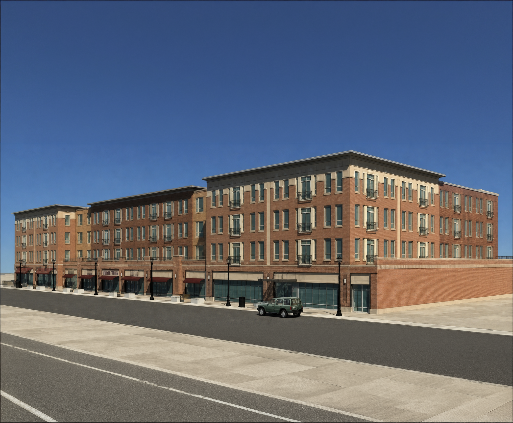 Architectural rendering of a four-story brick mixed-use development with ground-floor storefronts along a wide urban street.