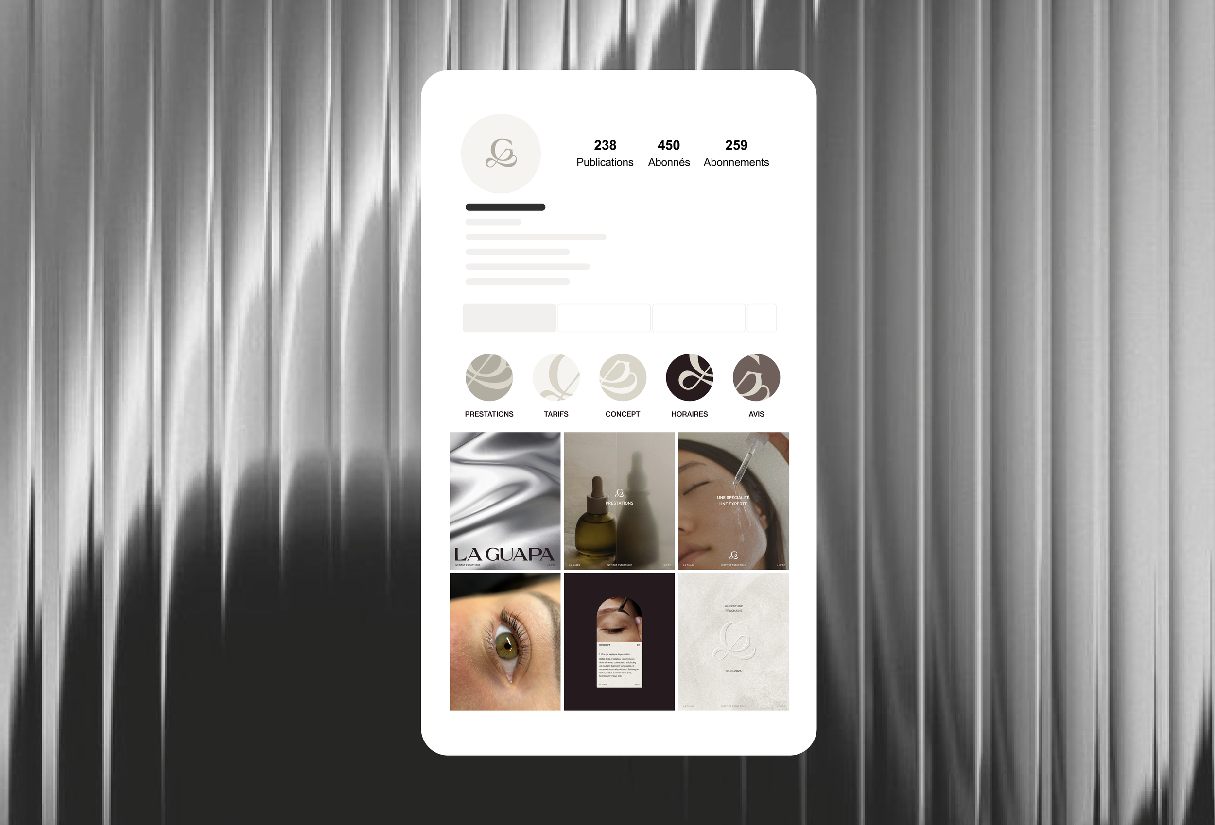Capture d'écran d'une page Instagram d'une clinique de soins de beauté avec des onglets pour prestations, tarifs, concept, horaires, avis. La page affiche des images de produits de soins, d'une femme recevant un traitement facial, et un gros plan d'un œil avec du maquillage.