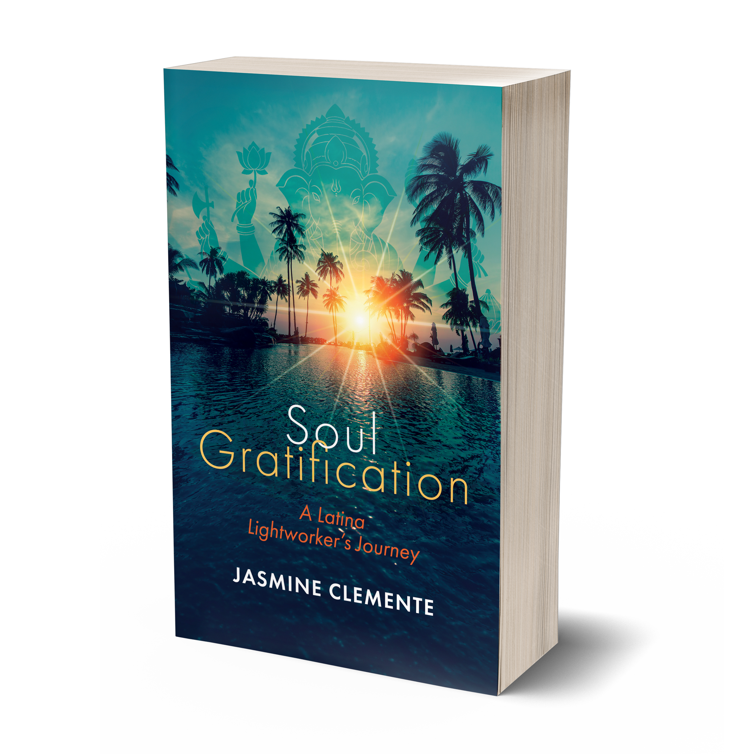 Book titled "South Gratification" by Jasmine Clemente, featuring a sunset over the ocean with tall palm trees and a Hindu deity's outline in the sky.
