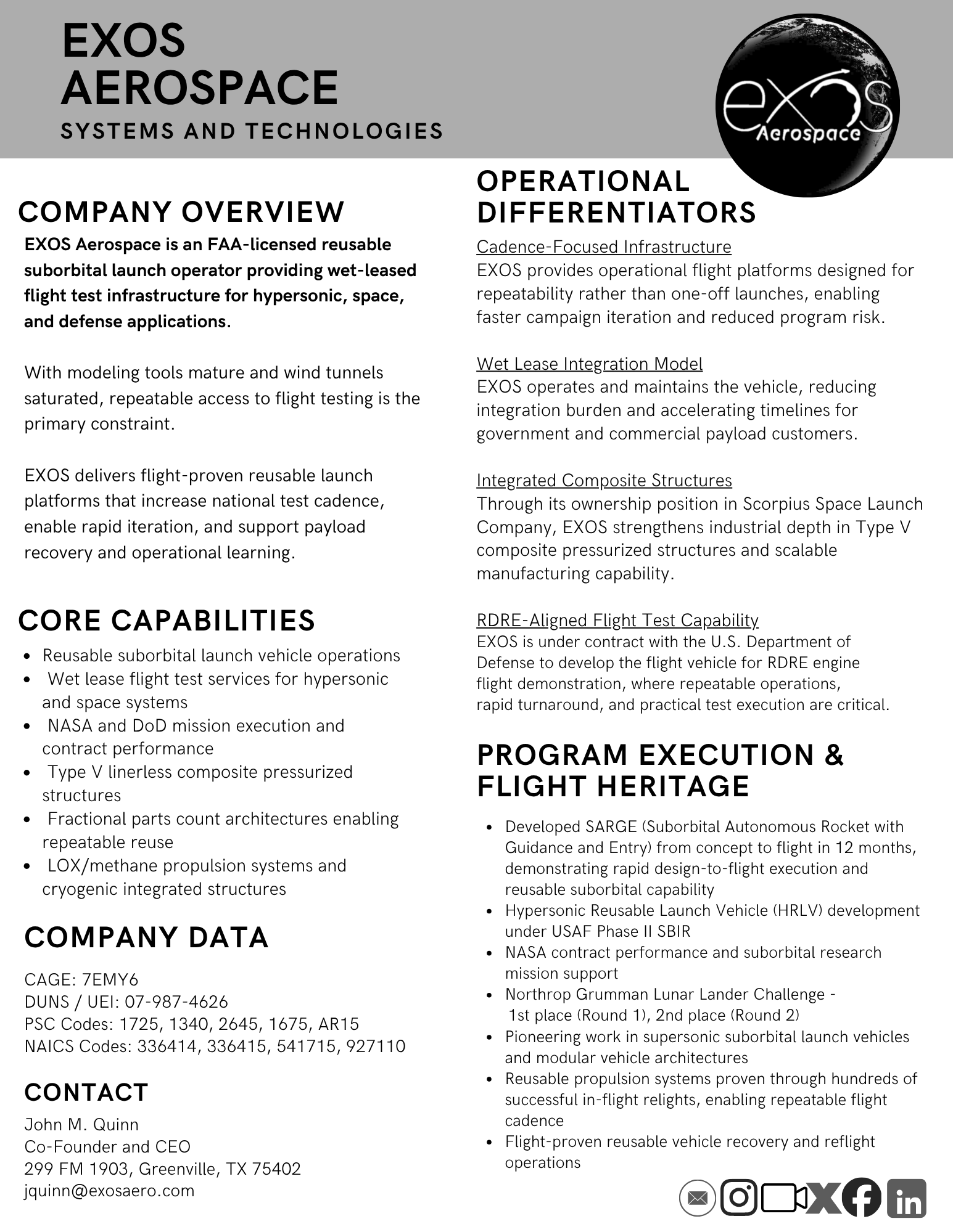 EXOS Aerospace capabilities statement outlining reusable flight infrastructure, wet lease launch services, integrated composite structures, and RDRE flight vehicle development