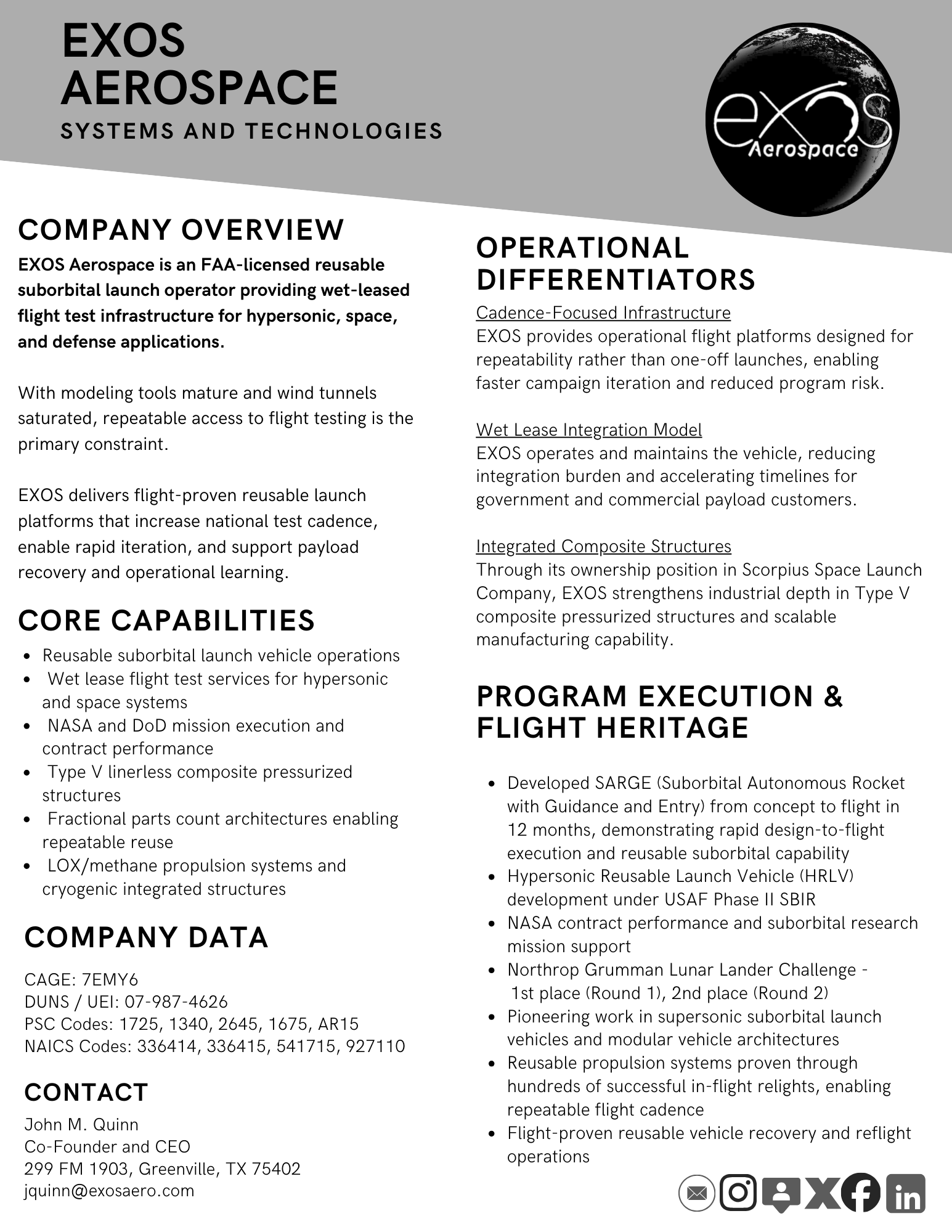 EXOS Aerospace Capability Statement PDF preview: reusable flight test infrastructure for hypersonic and space systems