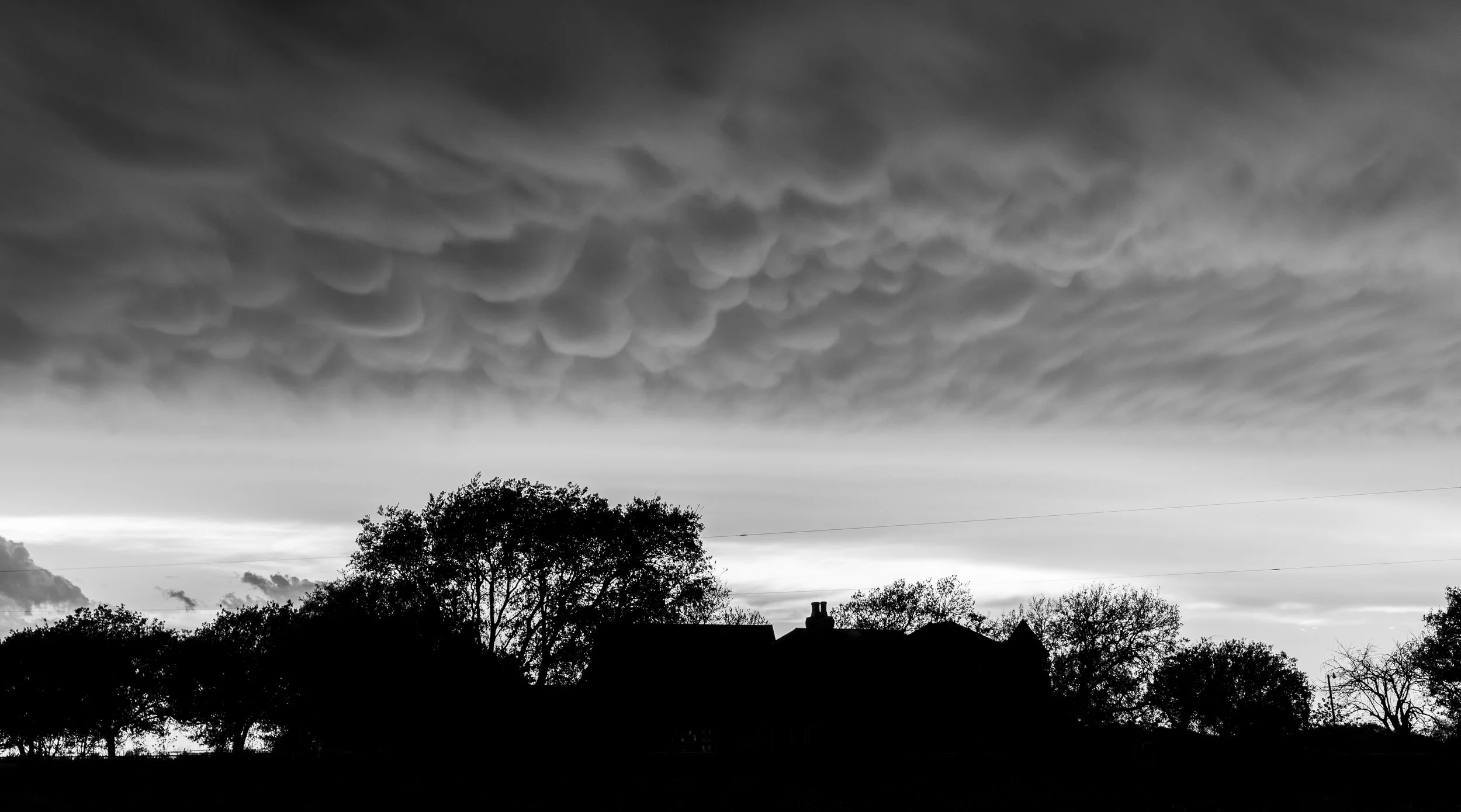 Silhouette of trees and houses against a cloudy sky with mammatus cloud formations.