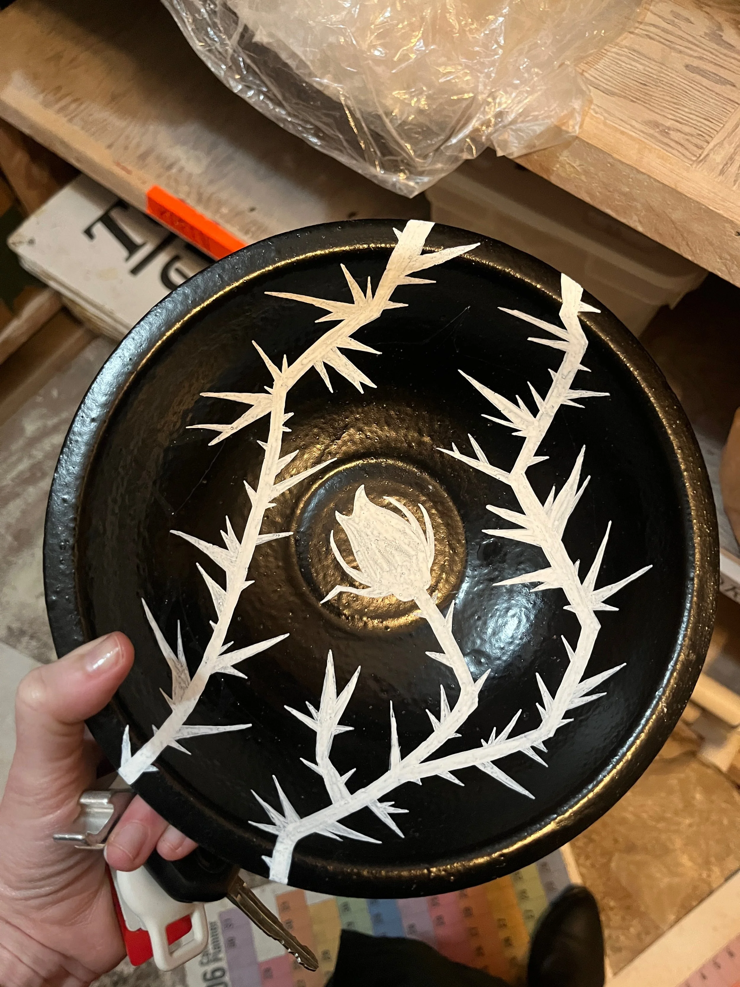 "White Thorn Rose." Underglaze painting exploration. 2025.