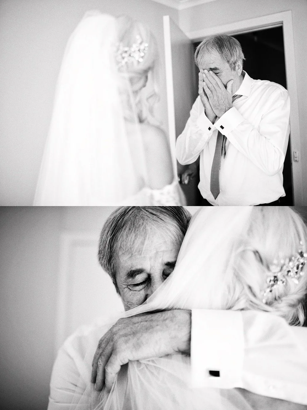 Father seeing his daughter in her wedding dress for the first time, emotional father-daughter first look in Melbourne.