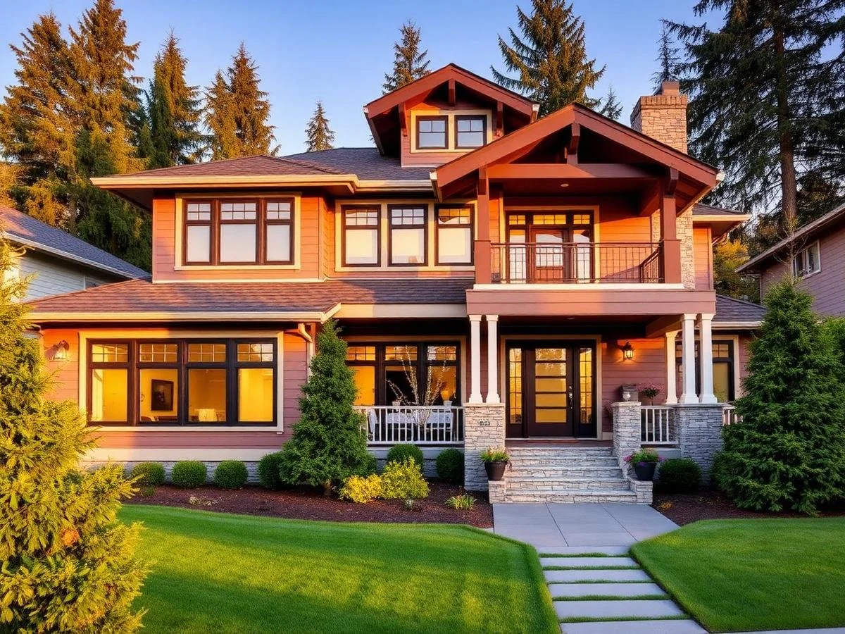 Beautiful craftsman-style family home with lush lawn, stone entrance, warm lighting, landscaped garden, spacious two-story exterior design.