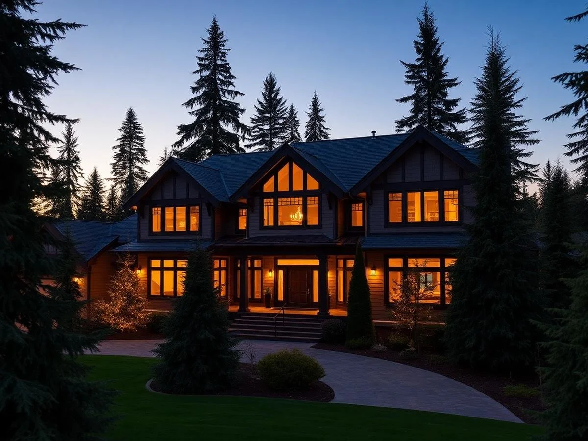 Luxury forest mansion with illuminated windows, landscaped driveway, towering pine trees, elegant architecture, peaceful evening ambiance, inviting exterior.