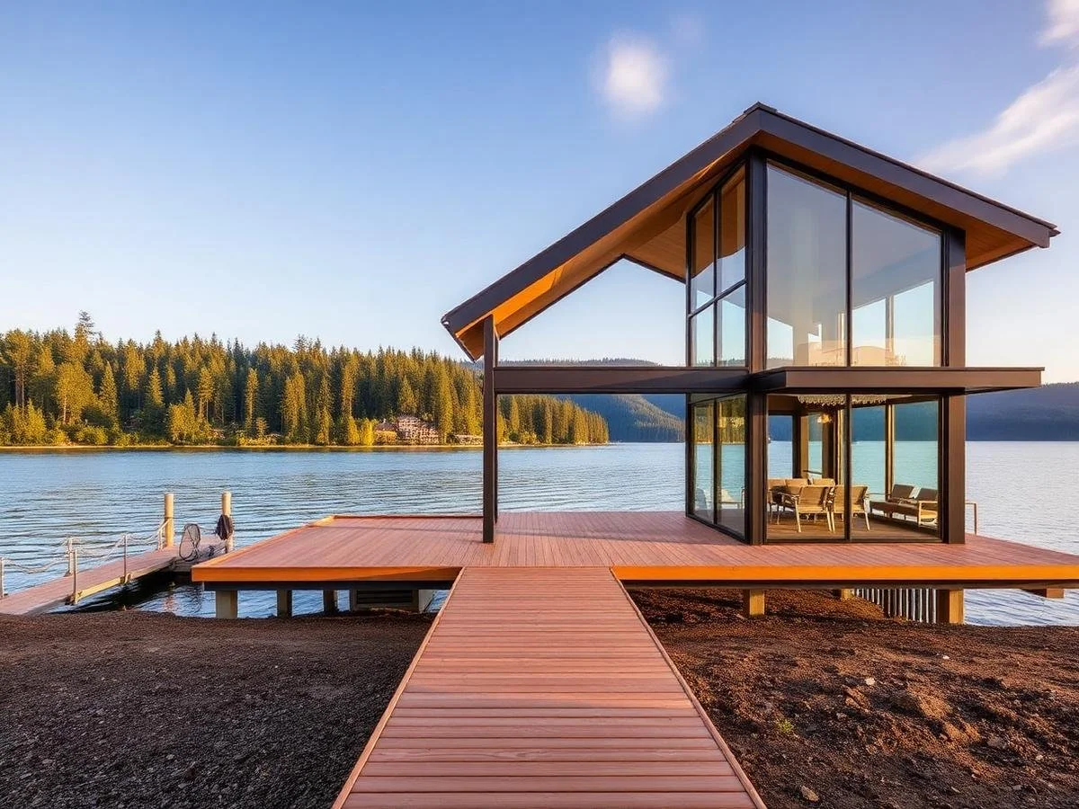 Modern glass lake house featuring wooden deck, private dock, serene waterfront, forest backdrop, contemporary architecture, stunning views.