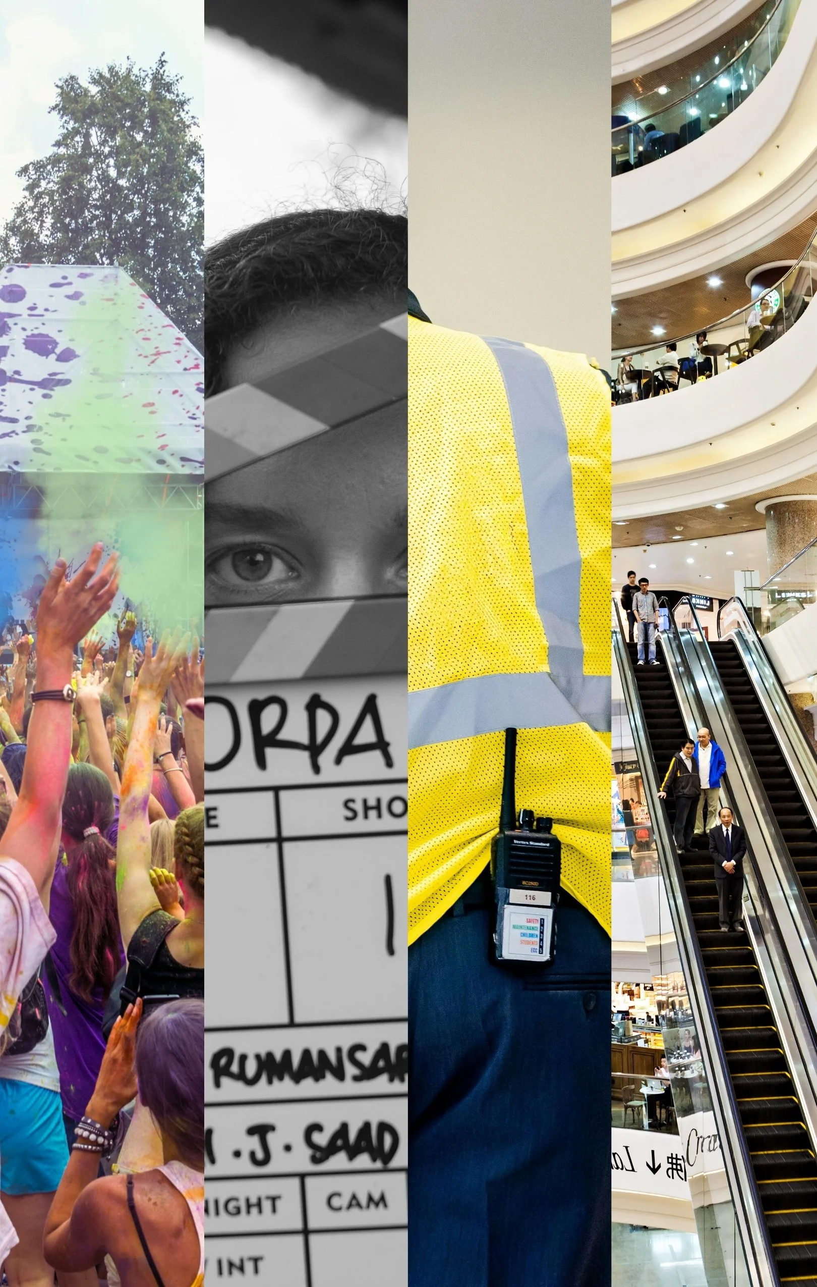 Industries using Roar Radios two-way radio hire: a music festival crowd, film production slate, security guard using a walkie talkie, and retail shopping centre management.