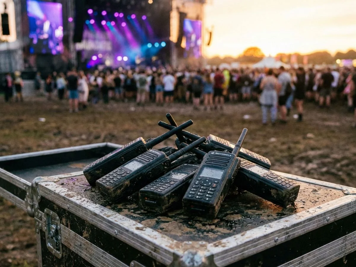 Rugged Motorola-style two-way radios for festival hire stacked on a muddy flight case, with a blurred music festival crowd and main stage in the background at sunset.