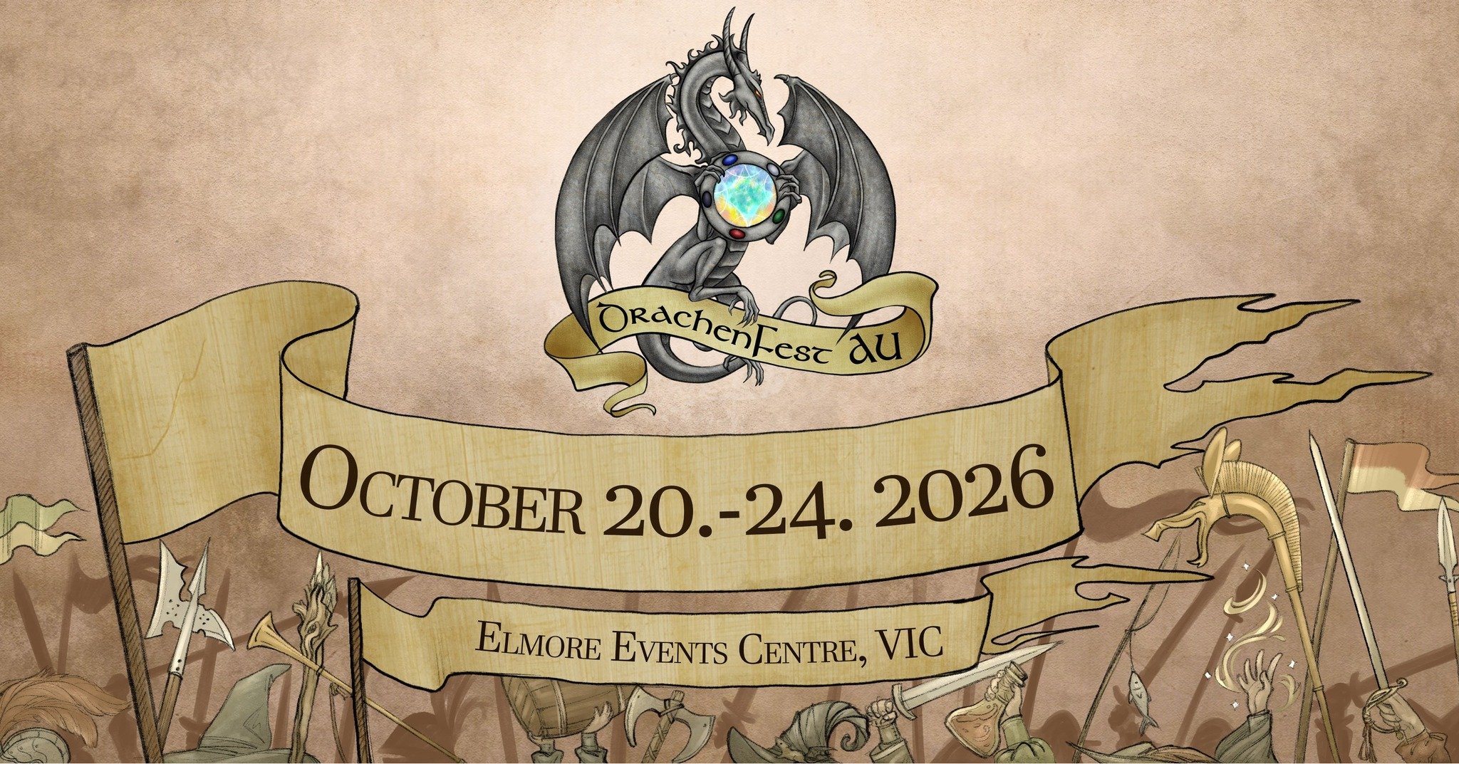 At last&hellip; the veil lifts.

The site and dates of DrachenFest Australia 2026.

The land where stories will be written.
Where banners will rise.
Where legends will be forged.

Elmore Events Centre, VIC
October 20&ndash;24, 2026

The countdown beg