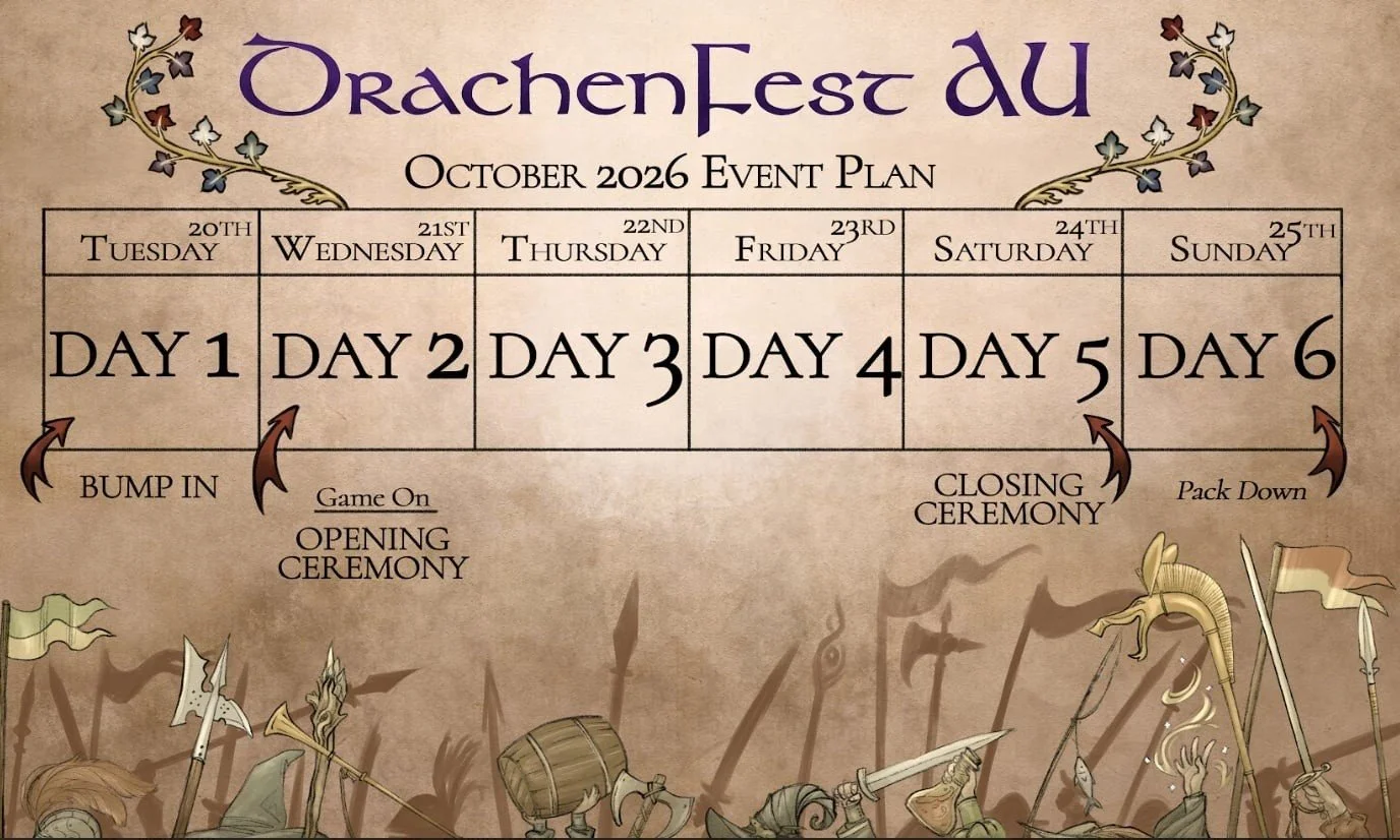 Our returning players already know the plan, but there's something extra this year!

DrachenFest AU 2026 will run across four full days of adventure!

We're adding in Wednesday morning as a full game day, which means the following:
◇ Everyone's ticke
