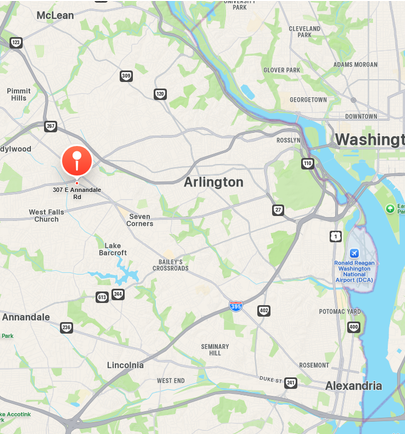 Map showing Arlington, Alexandria, and surrounding areas in Virginia, with a red marker showing studio location near Seven Corners on Annandale Road.