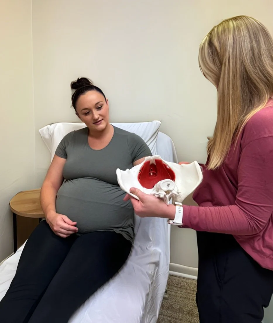 Pregnant woman sitting in a hospital bed looking at a pelvic model held by a healthcare worker.