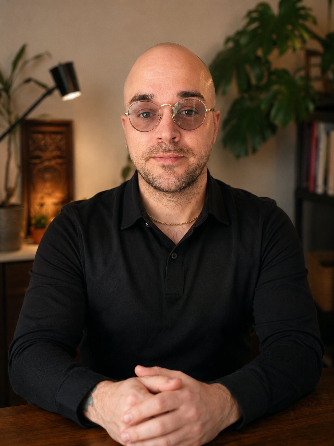 A man with glasses, a bald head, and a beard, sits at a wooden table. He is wearing a black shirt and has his hands clasped. The background features indoor plants, a bookshelf, and warm lighting.