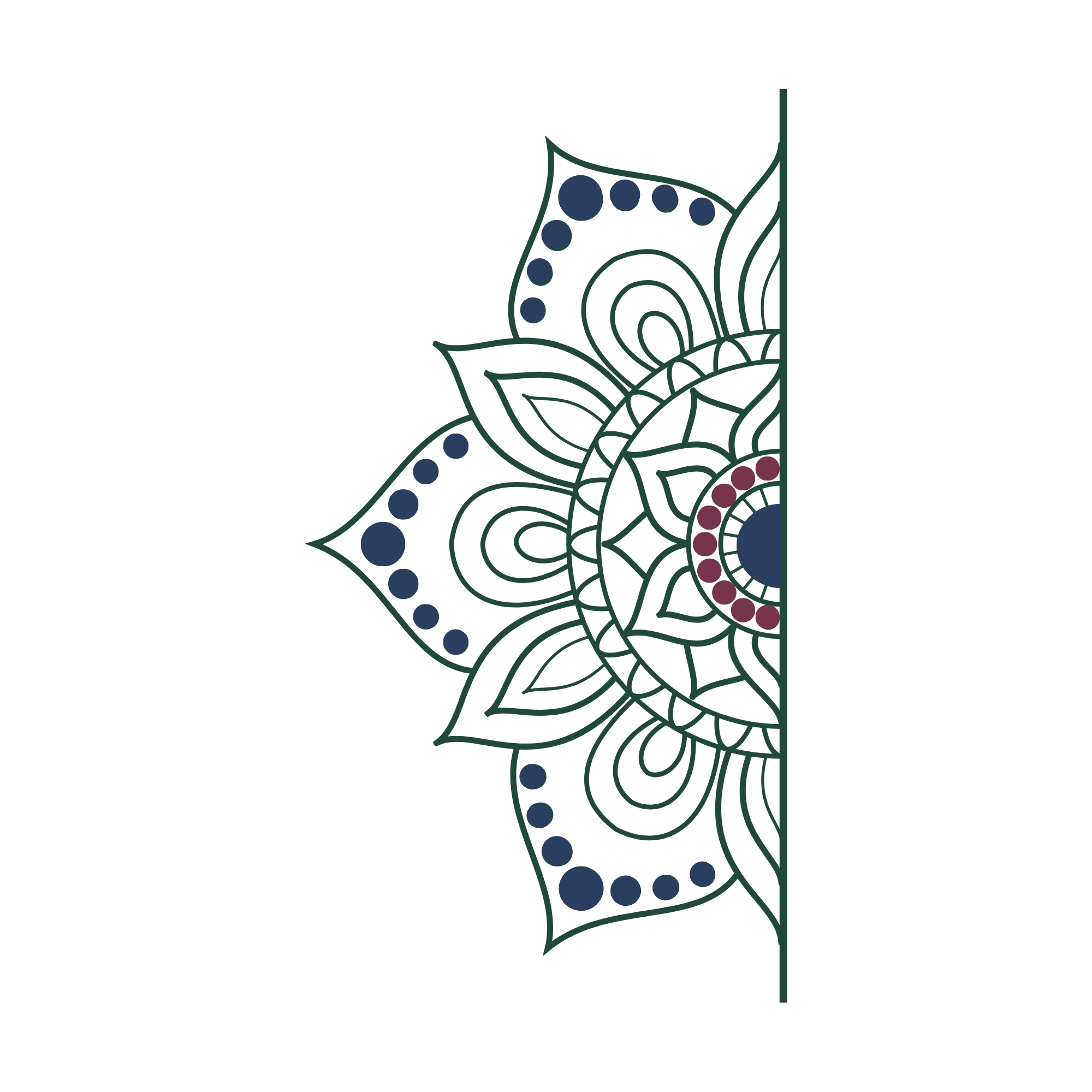 Partial view of a colorful mandala design with intricate patterns, surrounded by stylized leaf shapes, on a black background.
