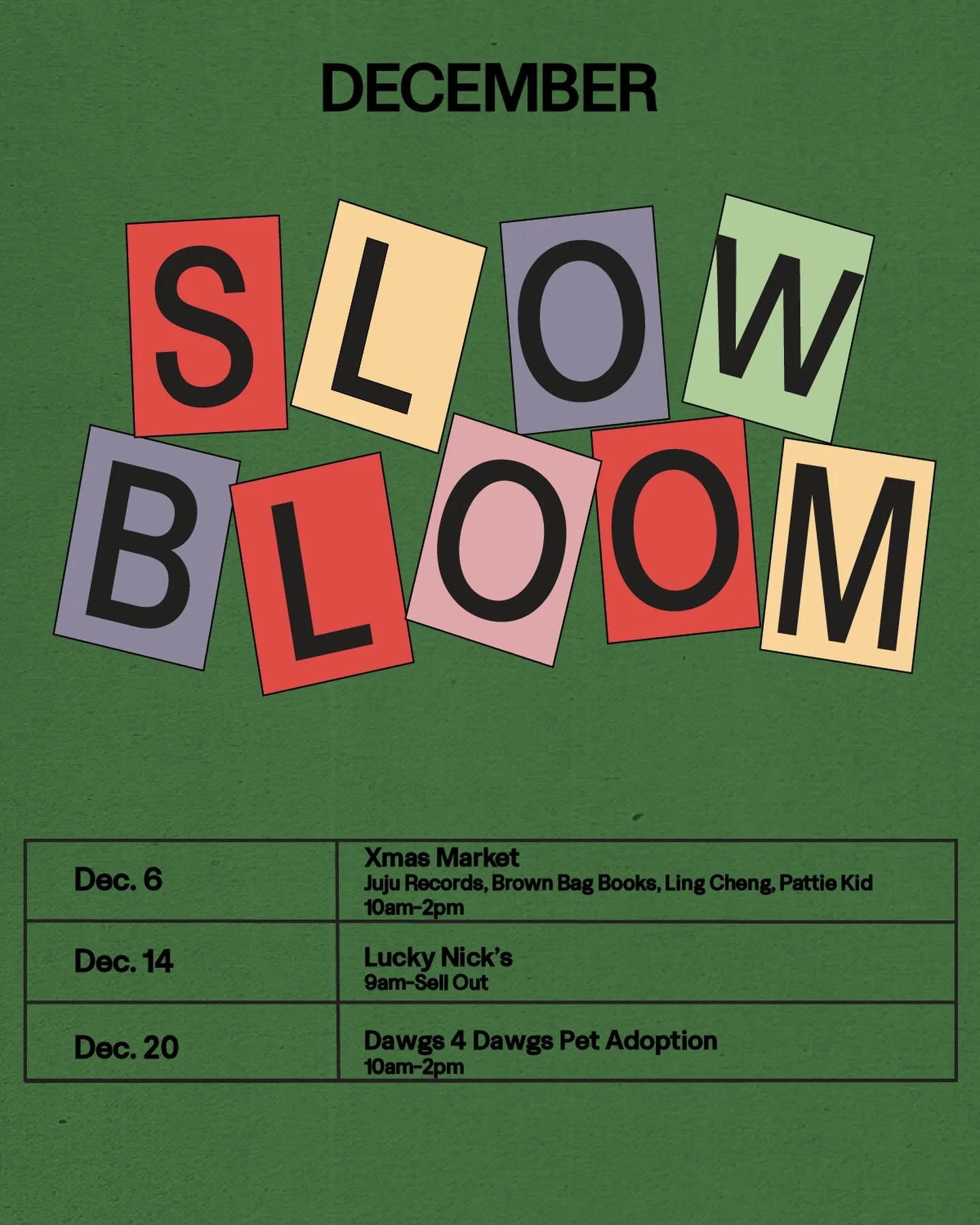 DECEMBER CALENDAR🎄🗓️
-
Dec. 6- xmas market w/ @jujurecords.ca @brownbagbooks @thepattiekid, the perfect market to pick up a Xmas gift for yourself or that special someone 😌

Dec.14- @luckynickspizza 9am-Sell Out🍕 you know the drill, come get some