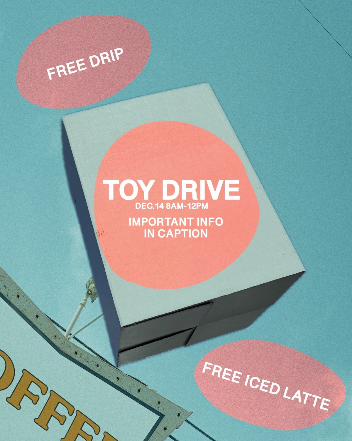 TOY DRIVE TOMORROW!!🧸🪀
-
Sunday Dec. 14 from 8am-12pm, We will be having a toy drive at the shop. If you bring a new toy, you will recieve a free 8oz drip coffee or a 12oz iced latte (no restrictions on milk alt). 

We encourage you all to show up 