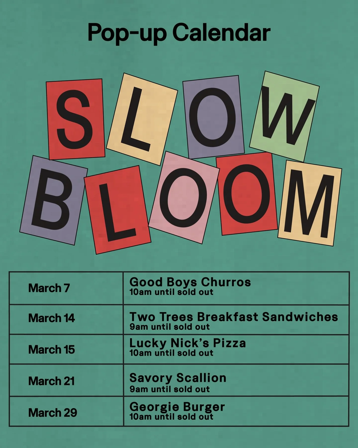 POP-UP CALENDAR

New month, new calendar for our weekend pop-ups. Come through and support these local businesses!