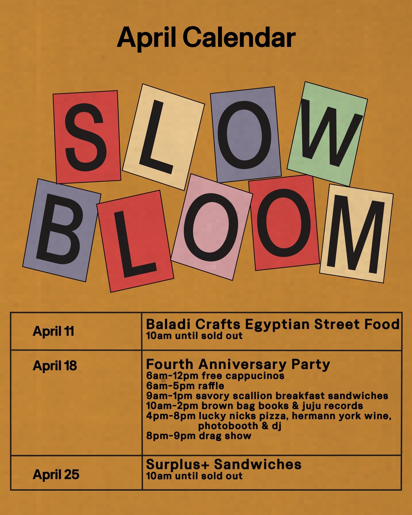 APRIL CALENDAR

Come through on a Saturday for good food and great vibes. 😎 

4/10 @baladi_crafts is selling Egyptian street food 

4/18 is our 4 Year Anniversary and we&rsquo;ve got so much fun stuff including:
- free cappuccinos from @minorfigures