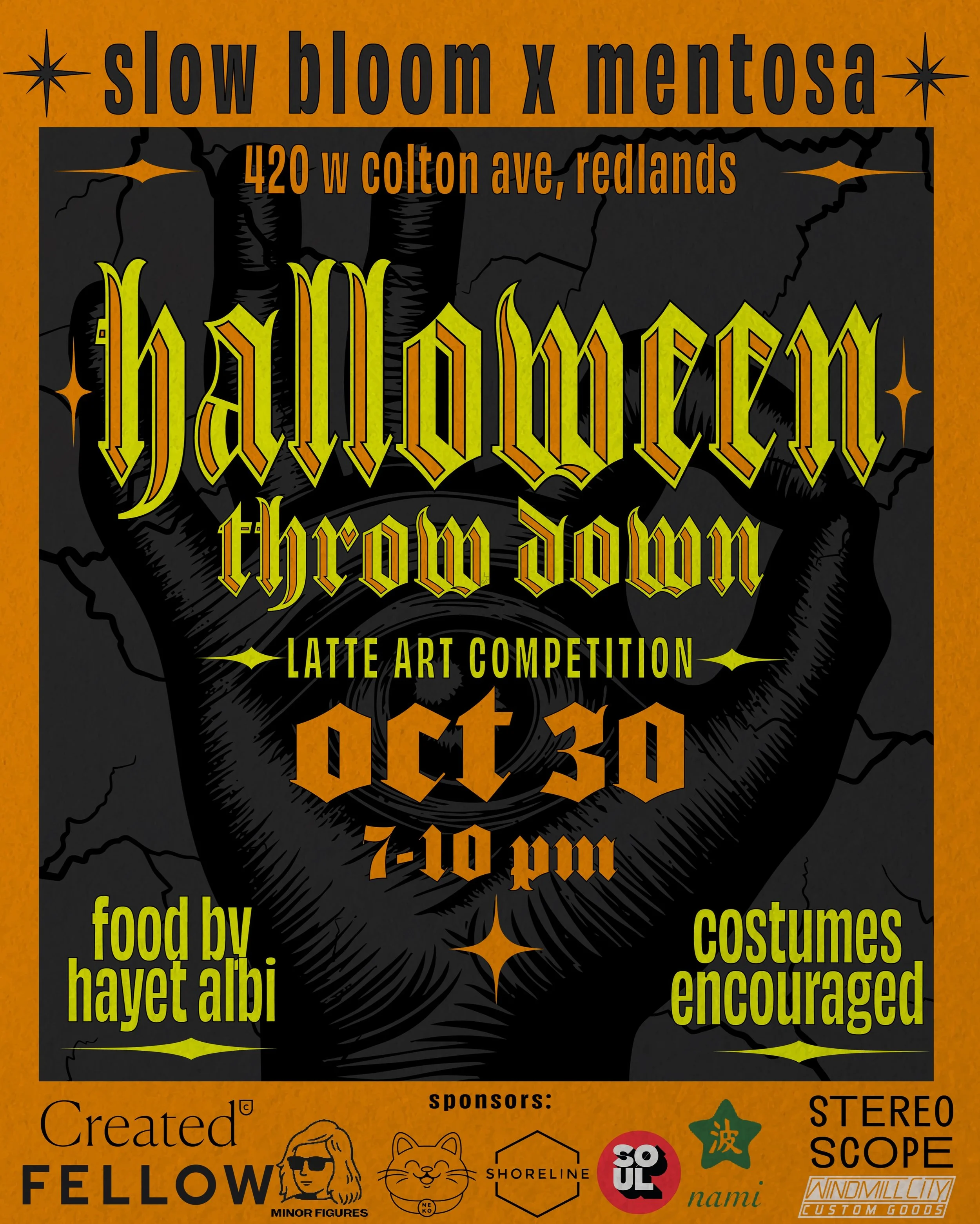 HALLOWEEN THROW DOWN

Pour your heart out. We&rsquo;ll clean up the mess. 🔪 🩸

Halloween latte art throwdown at Slow Bloom with our friends @mentosacoffee. A little friendly competition. A lot of screaming. Tons of great prizes.