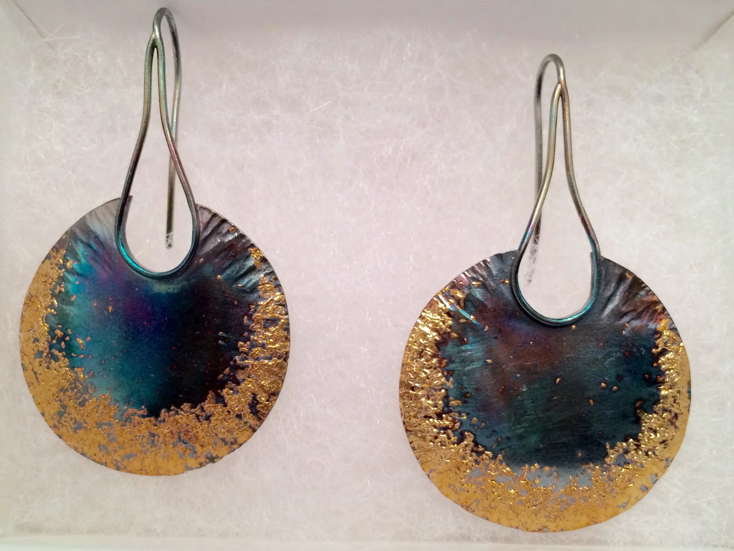 Gold dust earrings oxidized with Liver of Sulfur