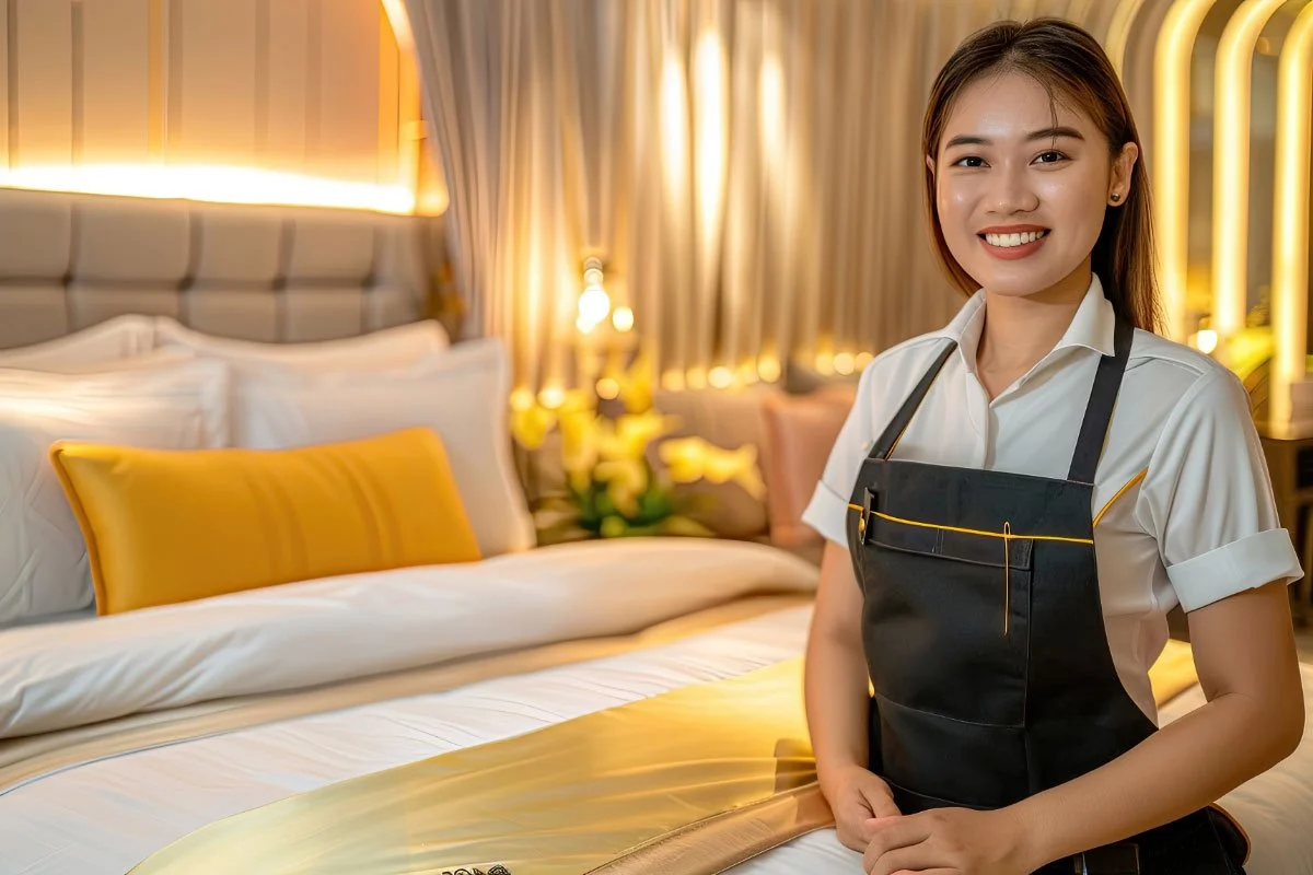 A young woman in a white shirt and black apron smiling in a hotel room with a bed, decorative pillows, and warm lighting.