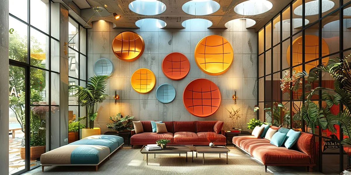 Modern hotel lobby with large windows, colorful circular wall art, green plants, and comfortable seating.