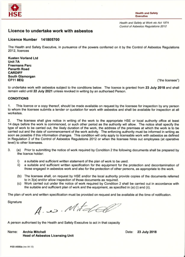 A license to remove asbestos issued by the HSE to Kusten Vorland in 2018