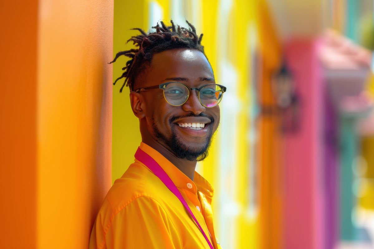 A smiling young man with glasses and styled dreadlocks leaning against a colorful wall, wearing a bright yellow shirt.