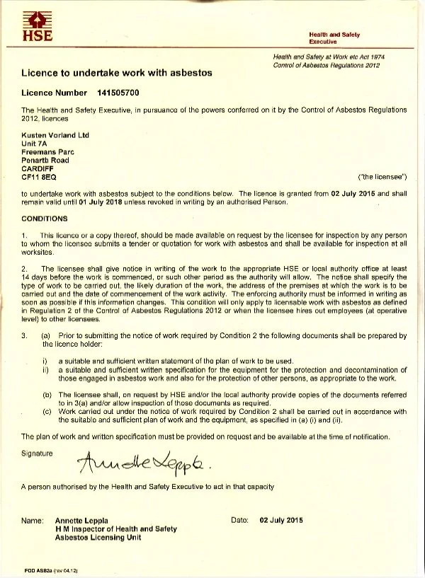 A license to remove asbestos issued by the HSE to Kusten Vorland in 2015